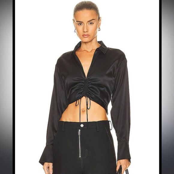 NWT FRAME Cinch Front Long Sleeve Top Black Silk Large Revolve - Picture 1 of 16